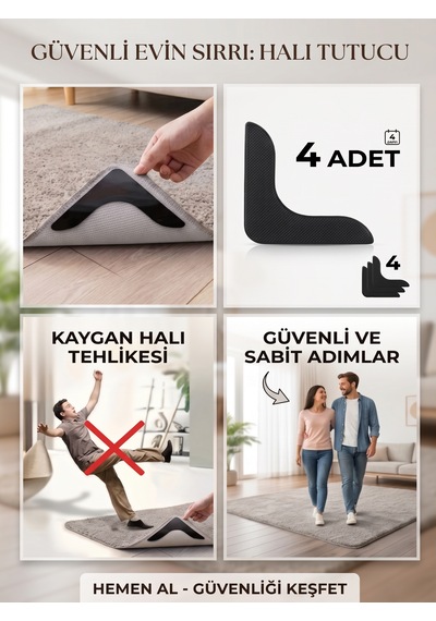 4'lü Set Üçgen Halı Kaydırmaz Ped - Yıkanabilir Halı Tutucu Sabitleyici Köşe Pedi