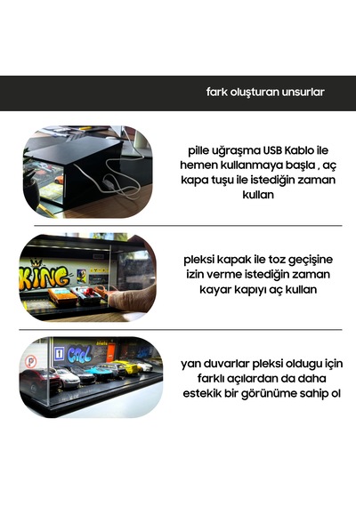 4lü Diorama Garaj 1/64 Ölçek Led Işıklı Usb Kablolu Pleksi Kapak Diorama Araç Sergileme Garajı