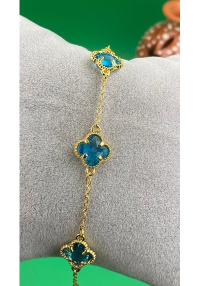 Gold Renk Zirkon Taşlı Yonca Model Çelik Bileklik Mavi