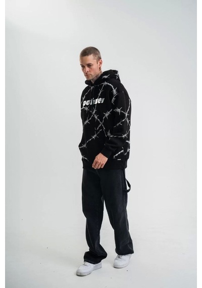 Polızeı Premium Kalite Kapşonlu Varak Ve Pano Baskılı Sweatshirt - Siyah