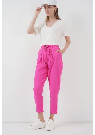 Defymoda 6660 Kemerli Keten Pantolon - Fuşya Fuşya