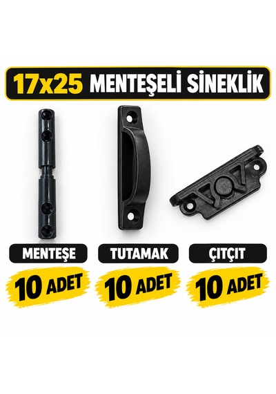 Sineklik Aksesuar Takımı 17x25 Menteşeli Sistem Için 10 Lu Menteşe-çıtçıt-kulplu Menteşeli Set Siyah