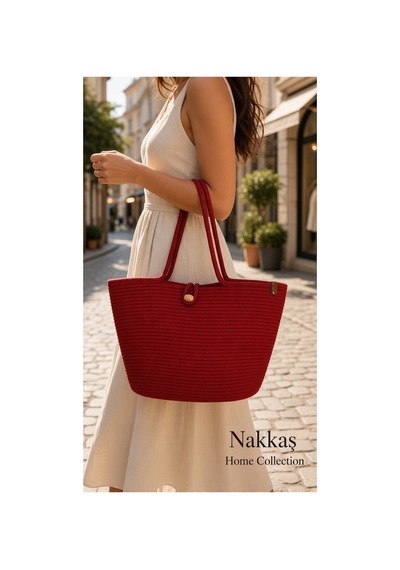 Nakkaş Home Collection Jüt Çanta Kadın Hasır Çanta, Plaj Çantası, Omuz Ve Günlük Kullanım Çantası-bordo-45x30 Cm