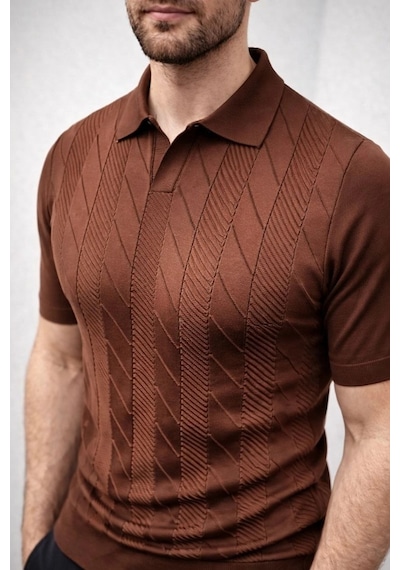 Erkek Yazlık Triko Dokuma Tişört Kısa Kol Polo Yaka T-shirt - Kahverengi