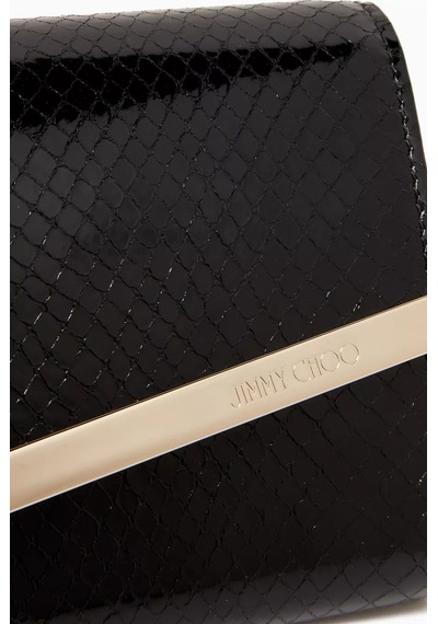 Jimmy Choo Patenli Deri Emmie Clutch, Rugan & Işıltılı, Asimetrik Kapak Tasarımı El Çantası Siyah