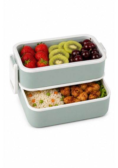 2 Katlı Plastik Kaşık Ve Çatallı Kilitli Lunch Box Yeni Nesil Sefer Tası 7 Parça Sızdırmaz Kapaklı Beslenme Kabı Açık Yeşil