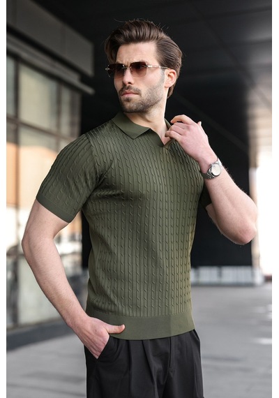 Madmext Haki Slim Fit Polo Yaka Triko Erkek Tişört E7472 Haki
