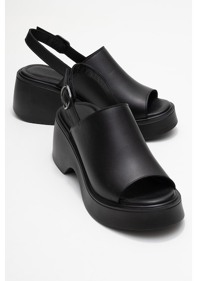Luvishoes Power Siyah Cilt Hakiki Deri Kadın Dolgu Topuklu Sandalet Siyah Deri