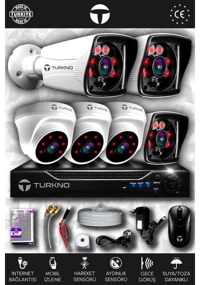 Turkno 6 Kameralı Karia 3 İç Kamera Set HDD'siz Full HD Gece Görüşlü Güvenlik Kamerası Sistemi
