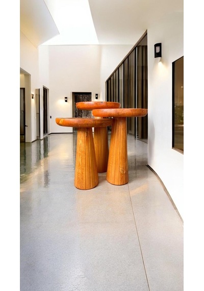 Wood Wooden Ahşap 3 Lü Set Fitilli Mantar Yan Sehpa Modern Açık Meşe Renk Fiskos Açık Meşe