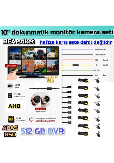 8 Ch 10 İnç Dokunmatik Monitör 8 Adet Ledsiz Ahd 1080p Kelebek Kamera 512 Gb Dvr Adas Bsd 12 Volt