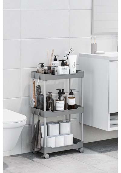 Gri 3 Katlı Tekerlekli Düzenleyici Mutfak Ve Banyo Rafı Vesken