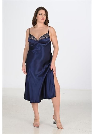 Modenya Premium Büyük Beden Saten Dantel İşlemeli Lacivert Uzun 2'li Gecelik Sabahlık Takımı Bigsize 3xl Modenya Premium Büyük Beden Saten Dantel İşlemeli Lacivert Uzun 2'li Gecelik Sabahlık Takımı Bigsize 3xl