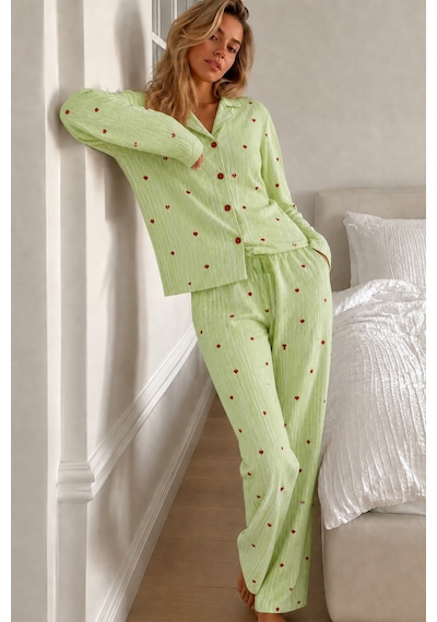 Womanandkids Night Yeşil Kadın Puantiyeli Uzun Kollu Düğmeli Pijama Takımı