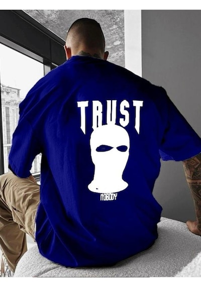 Trust Baskılı Oversize Tişört Saks Mavisi