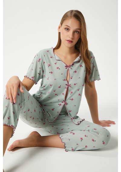 Ritnice Kadın Juliet Kurdeleli Yumuşak Doku Yeşil Çiçekli Pijama Takımı