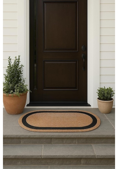 Tr Oval Jüt Paspas, Kahverengi Ve Siyah Çizgili, Dekoratif Kapı Önü Ve Banyo Paspası Hasır, 50x80, Oval Diğer