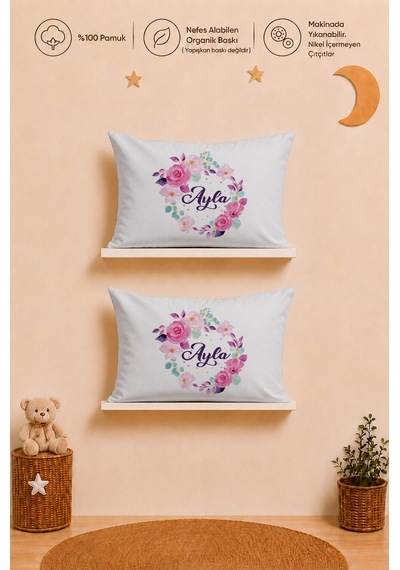 İsme Özel Kız Bebek 2'li Yastık Kılıfı 35x45 Cm %100 Pamuk Organik Baskılı İsimli Bebek Hediyesi 2020y2