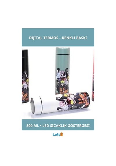 Anime Baskılı Dijital Göstergeli Paslanmaz Çelik Termos 500 Ml Çok Renkli
