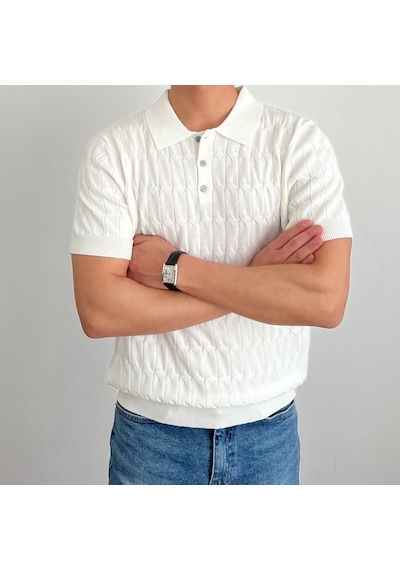 Tarz Cool Erkek İnce Saç Örgülü Düğmeli Slim Fit Polo Yaka Triko T-shirt Beyaz