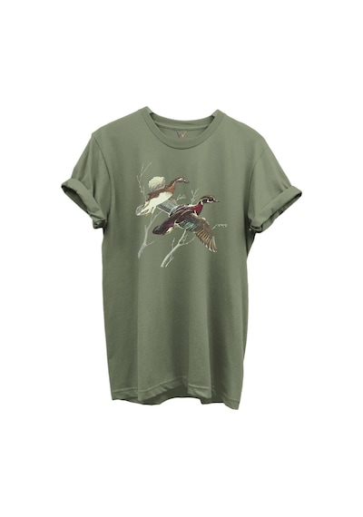 Uçan Yaban Ördekleri Çizim Baskılı %100 Pamuk Regular Fit Bisiklet Yaka Unisex T-shirt Haki