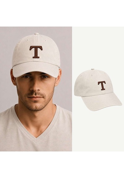 Tesbihane Unisex Vintage Beyzbol Şapkası - İsme Özel Harf Nakışlı - Eskitme Kumaş - Metal Tokalı Krem