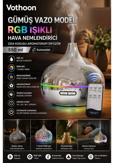 Gümüş Vazo Model Rgb Işıklı Hava Nemlendirici & Aromaterapi Difüzör 550 Ml Kumandalı