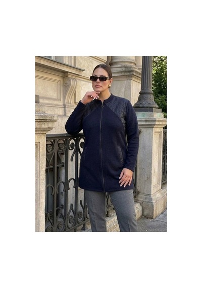 Onno Style Women Omzu Kapitoneli Çelik Örgü Fermuarlı Triko Kadın Ceket Lacivert