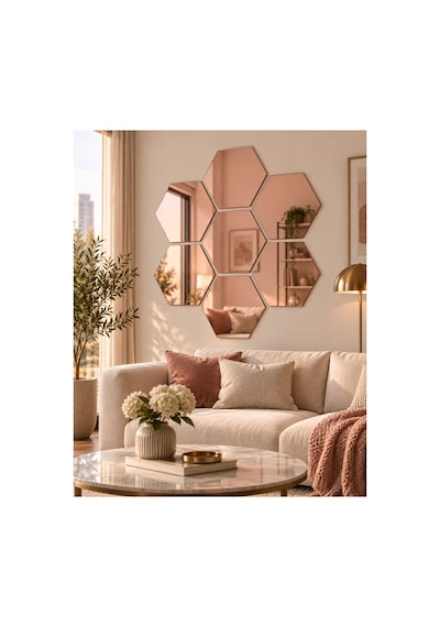Kendinden Yapışkanlı Altıgen Dekoratif Duvar Aynası 1 Mm Kalınlık Petek Model Modern Salon, Antre Ve Yatak Odası Aynası Altın - Rose Gold