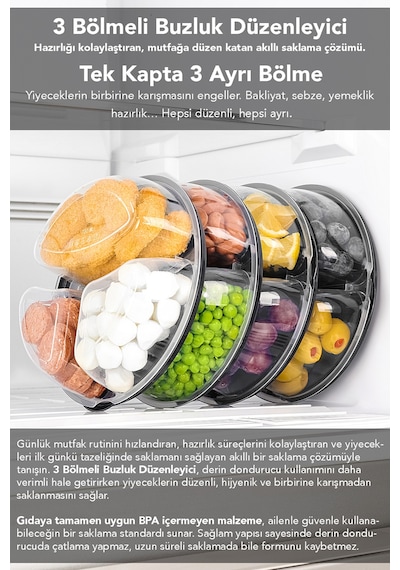 8 Adet Yuvarlak 3 Bölmeli Saklama Kabı - Mikrodalga Ve Difrize Uygun Buzdolabı Organizer Difriz Kabı Şeffaf