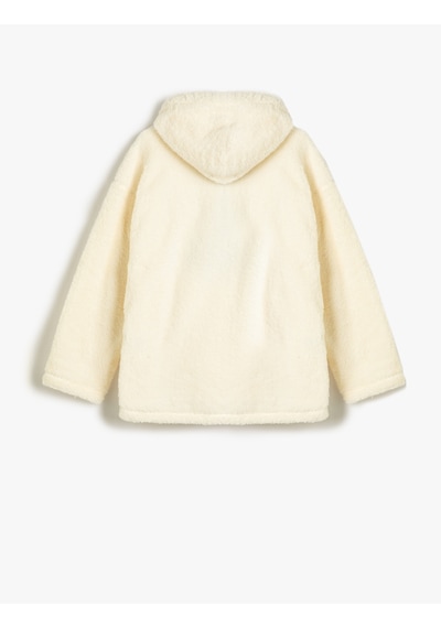 Koton Kapşonlu Peluş Sweatshirt Yarım Fermuar Detaylı Kanguru Cepli İşlemeli Ekru 4wal10098ık Ekru