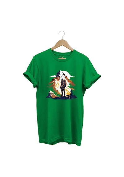 Mountain Dağ Yürüyüşü Ve Kar Manzara Baskılı %100 Pamuk Unisex Regular Fit T-shirt Yeşil