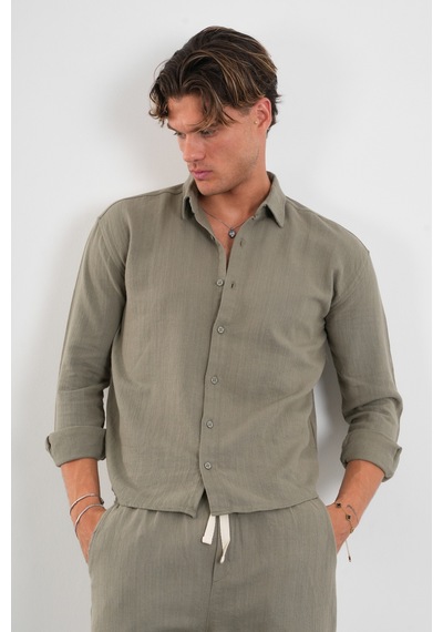 Flare Kışlık Baggy Pantolon Oversize Gömlek Alt Üst Takım %100 Pamuk Haki