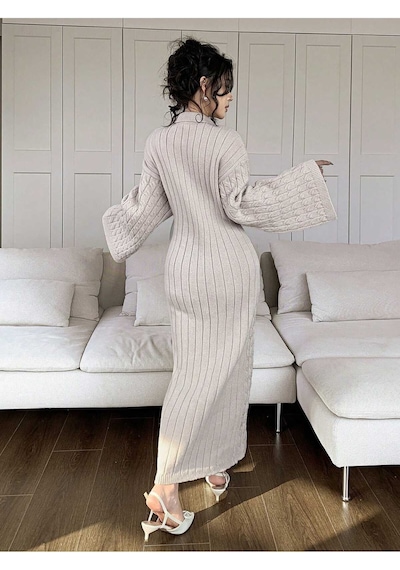 Sayzen Your Shine Gömlek Yaka Düğmeli Saç Örgülü Triko Elbise Sy-2515 Ekru