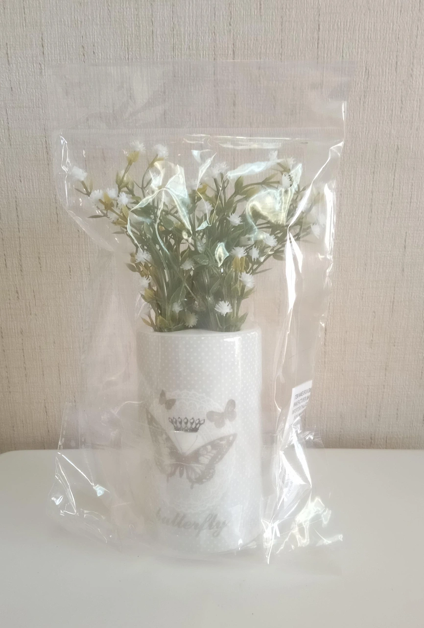 2 Adet Vazo Dahil,vazoda Çiçek,beyaz Yapay Çiçek,vazo Dekoratif Kelebek Desenli 7x7x16cm Çok Renkli