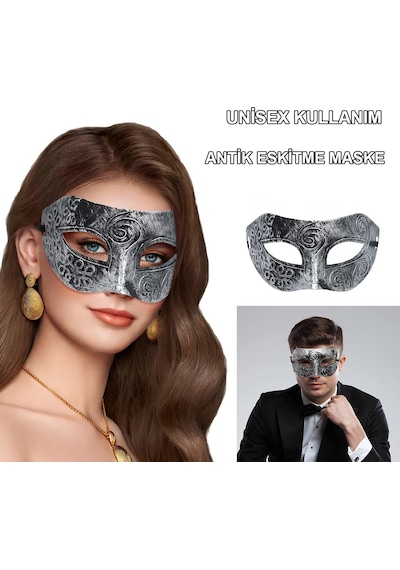 Gümüş - 882 - Eskitme Yüz Maskesi - Antik Tarz - Glblseme - Balo Maskesi Yetişkin