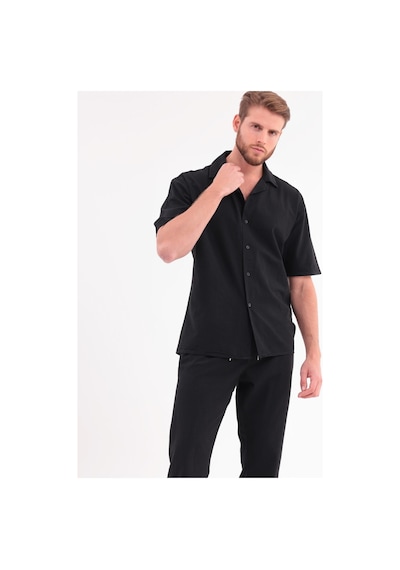 Erkek Siyah Keten Takım Oversize Gömlek & Pantolon 2'li Set Bağcıklı Rahat Yazlık Kombin