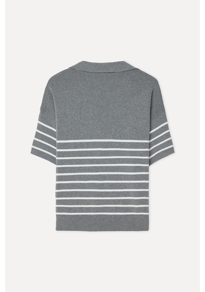 Mudo Kadın Kadın Çizgili Loose Fit Polo Yaka Kısa Kollu Kazak 1271423 Gri Melanj