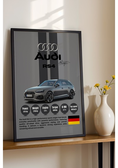 Audi Rs4 Premium Spor Araba Çerçeveli Tablo - Teknik Özellikli Otomobil Sever Duvar Dekoru Siyah