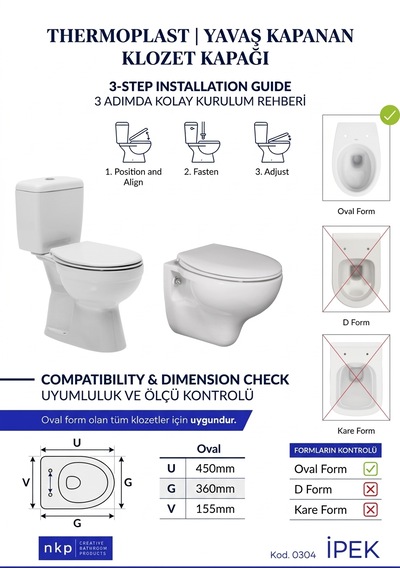İpek 0304 Thermoplast Yavaş Kapanan Klozet Kapağı Oval Soft Close Beyaz
