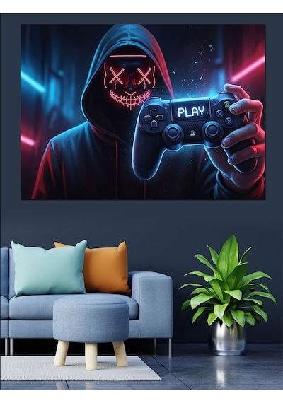 Neon Işıklı Kapşonlu Gamer Figür Dekoratif Kanvas - Mdf Ahşap Tablo
