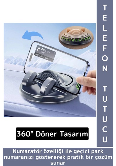 Premium Güçlü Tutuş Oto Organizer 360 Dönebilen Yapışkanlı Numaratörlü Araç İçi Telefon Tutucu