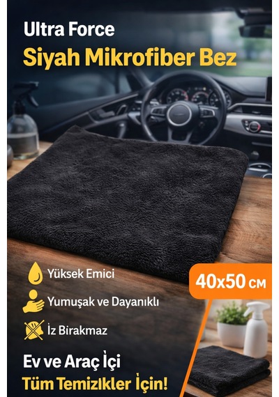 Ultra Force Mikrofiber Temizlik Bezi 40x50 Yüksek Emici Ev Ve Araç İçi Siyah