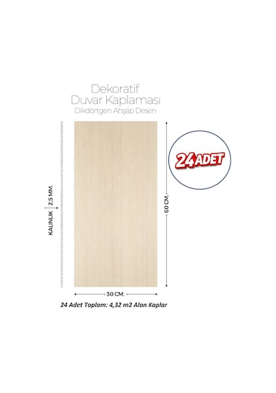 30x60 Cm Kendinden Yapışkanlı Duvar,banyo,tezgah Arası Ahşap Desen -24 Adet Pm008-24