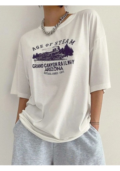 Flood Of Style Kadın Beyaz Age Of Steam Baskılı Oversize Bisiklet Yaka Tshirt