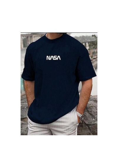 Medinenur Nasa Yazı Baskılı Basic T-shirt Lacivert