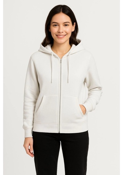 Novalisse Kadın 3 İplik Kapüşonlu Tam Fermuarlı Kanguru Cepli Sweatshirt Hoodie - Beyaz Çoklu Renk
