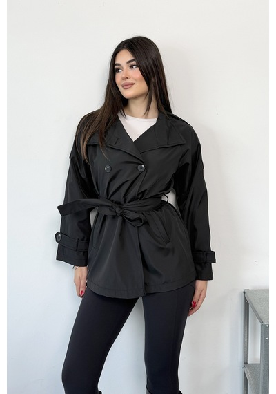 Giysa Kadın Dik Yaka Beli Kuşaklı Çift Cepli Trençkot Siyah - 27k 5980