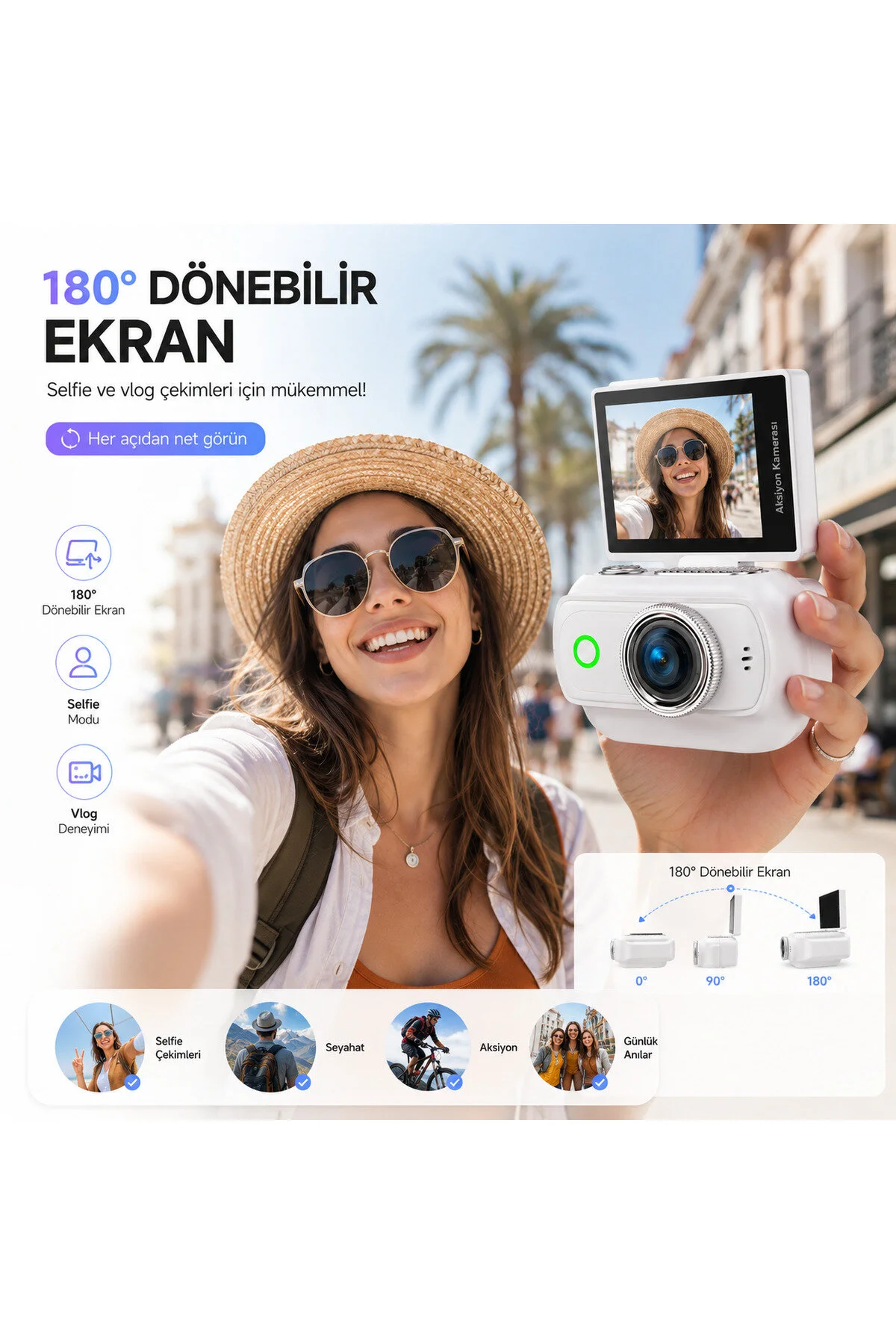 Viora 4k Aksiyon Kamerası Mini 180 Döner Ekran Wifi App Geniş Açı Taşınabilir Vlog Kamera Siyah