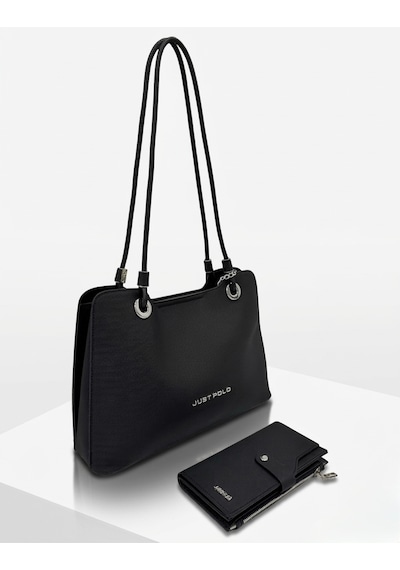 Just Polo Kadın Büyük Boy Premium Gümüş Logolu El Çantası Ve Cüzdanı Kombin Tote Bag Ebat : 22 X 34 Cm Siyah
